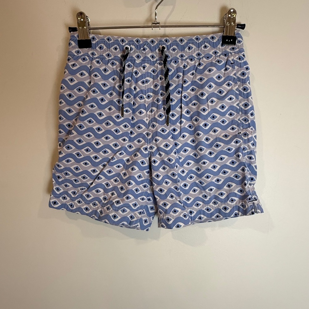 J Crew Swimwear Boys Size 7 Swim Trunks Blue Geometric Pattern Elastic Waist